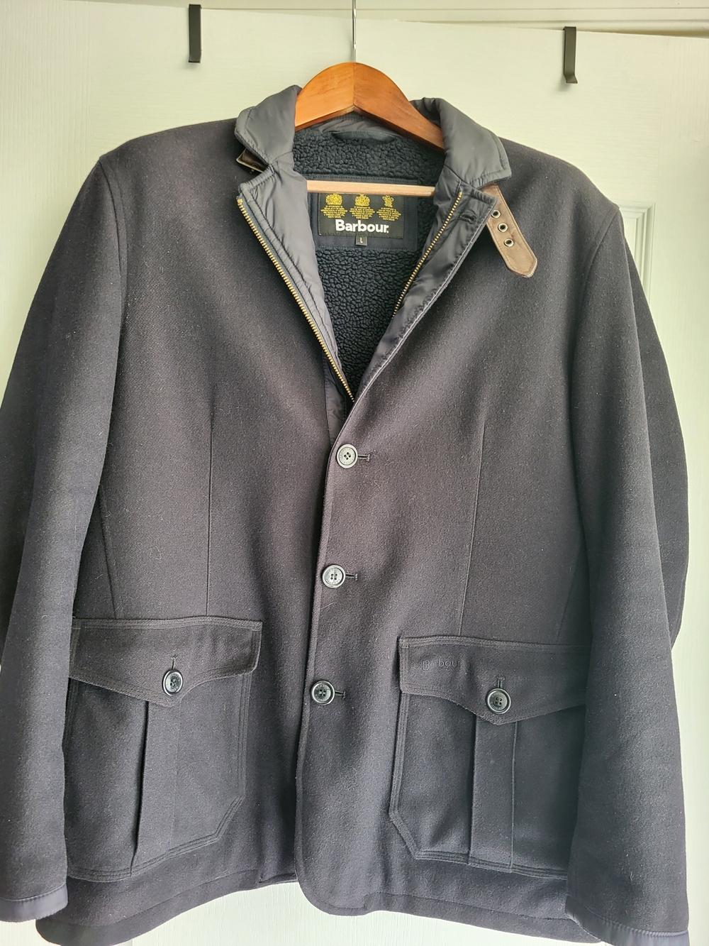 Barbour Barkston Greatcoat Fleece Lined Wool Navy Blue Jacket Size L